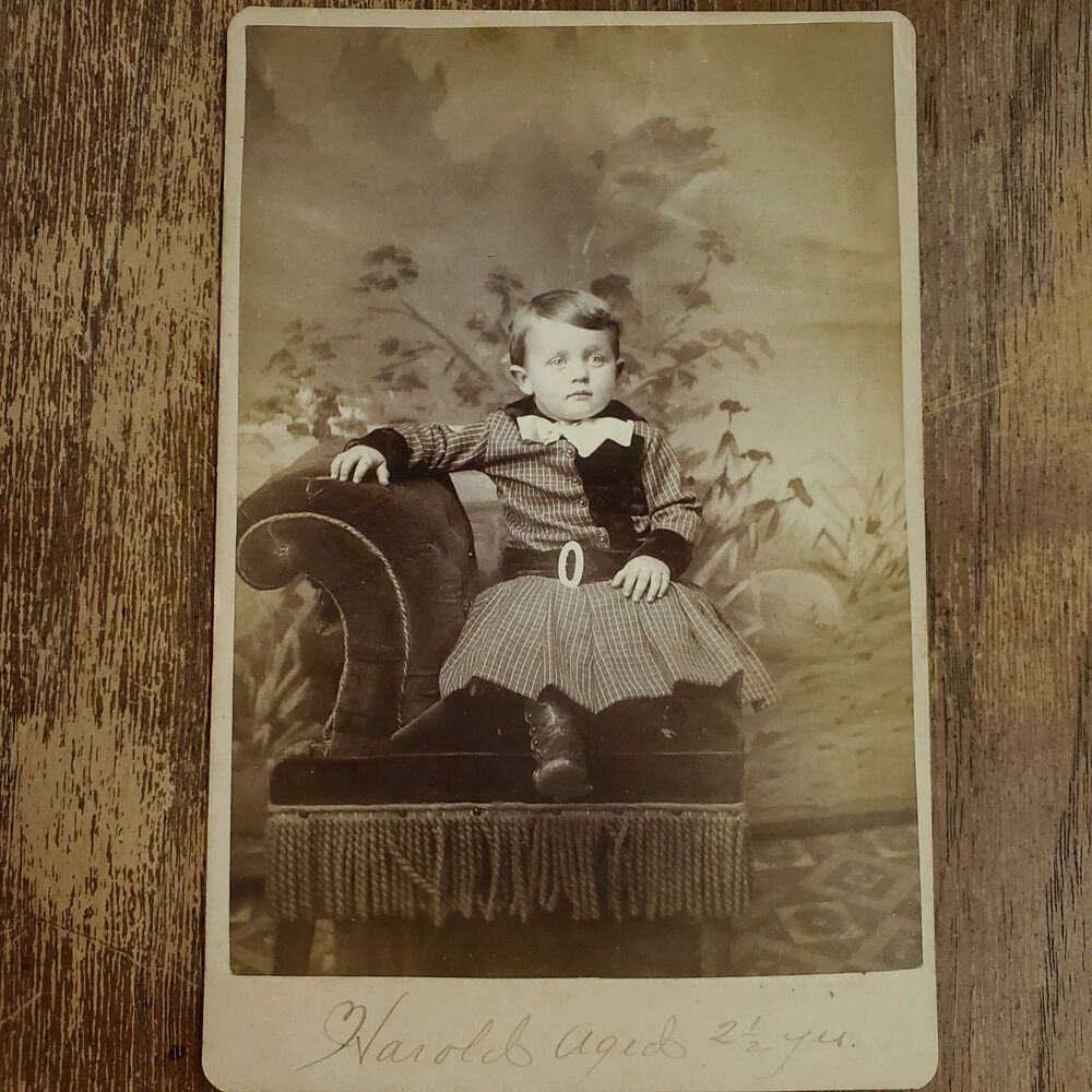 Antique 1880s Cabinet Card Photo Victorian Boy Toddler Dress Harold Frinkel 2.5